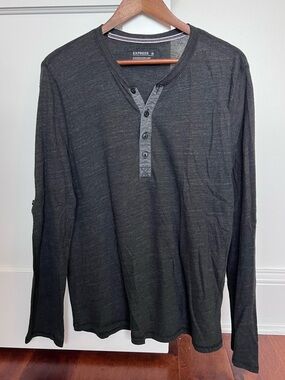 Express Men's Charcoal Gray Long-Sleeve Henley Shirt